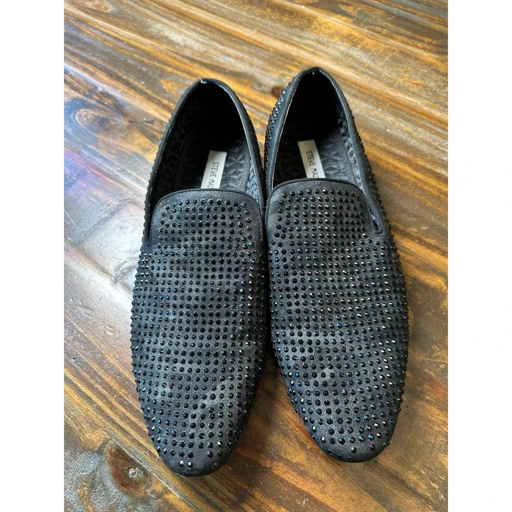 Steve Madden P-Martyr Mens Black Rhinestone Loafers Smoking Slippers Size 9.5